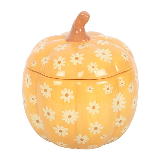 Groovy Floral Pumpkin – orangefarbenes Kürbis-Stövchen mit cremefarbenen Blumen und Deckel