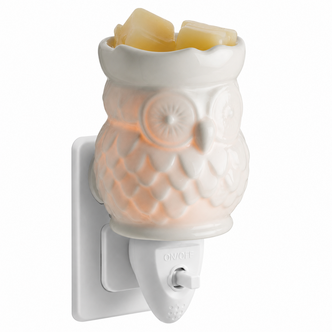 Weiße OWL Eulen-Duftlampe von Candle Warmers mit Wachsschale und Ein-Aus-Schalter