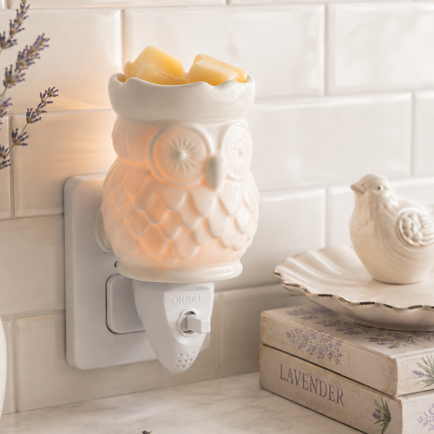 Candle Warmers OWL Steckdosen-Duftlampe aus weißem Porzellan mit warmem Licht im Wohnambiente