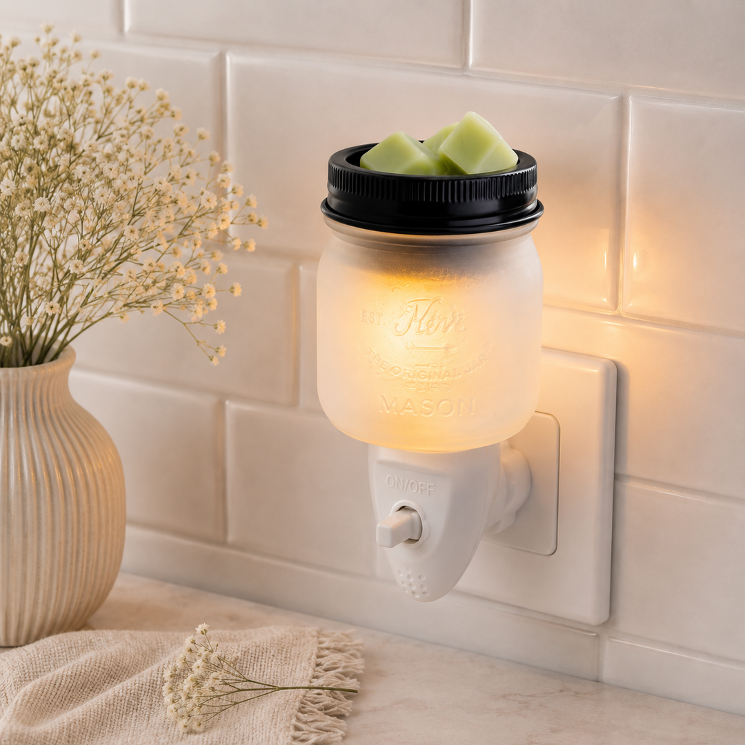 Leuchtende CANDLE WARMERS® Plug Duftlampe MASON JAR aus Glas in einer Steckdose