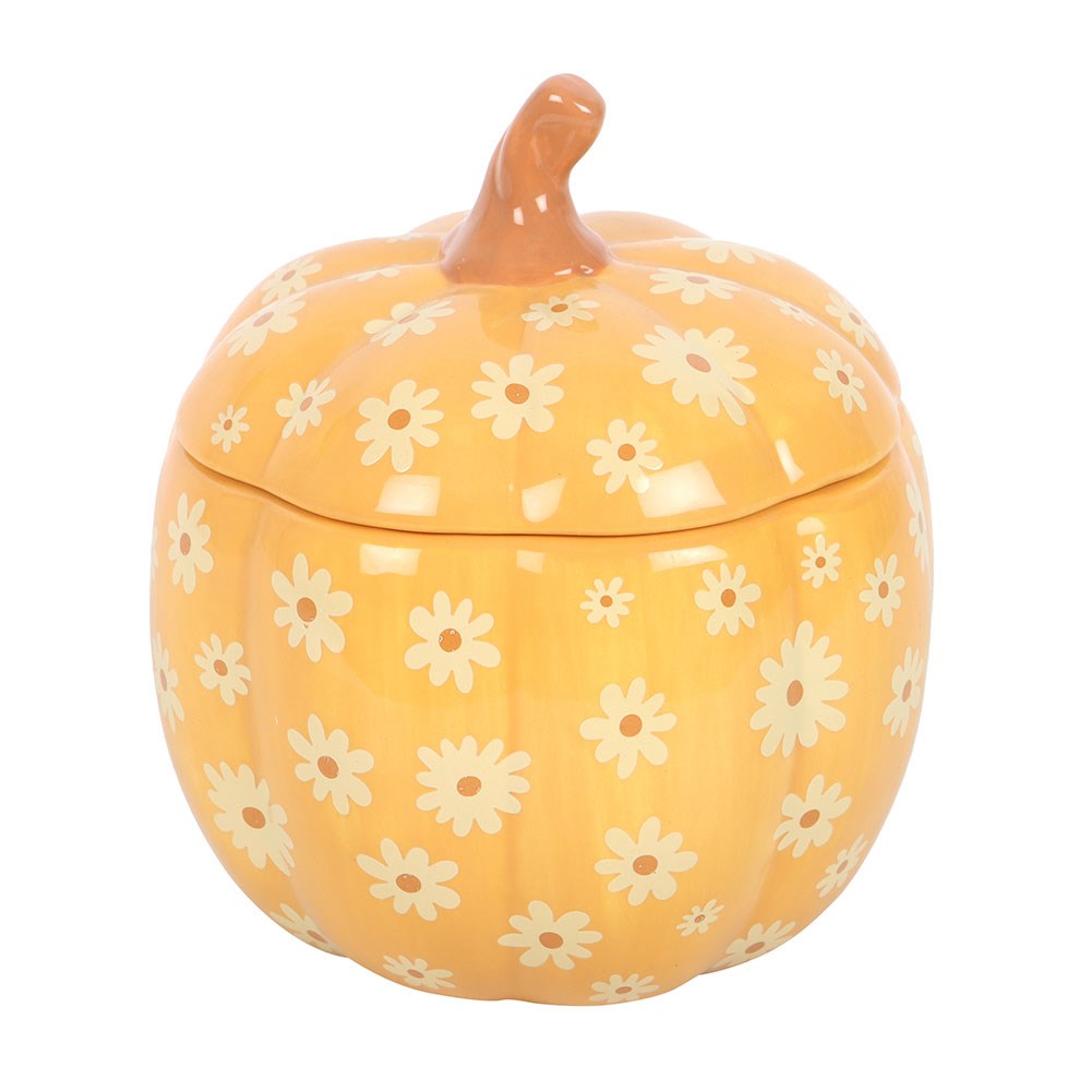 Groovy Floral Pumpkin – orangefarbenes Kürbis-Stövchen mit cremefarbenen Blumen und Deckel